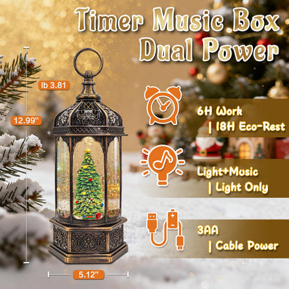 Christmas Snow Globes with Music,6H Timer Cylindrical Flashing Snow Ball,Bronze Musical Box Including 8 Songs,Glitter Snowflakes Lantern with Christmas Tree Xmas Decor Gift