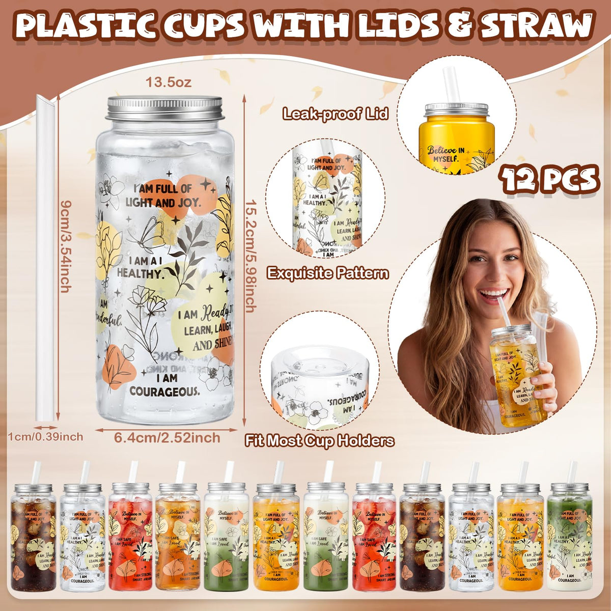 Kosiz 36 Pcs Boho Positive Affirmation Gift Set for Women, 12 Gratitude Notebooks 12 Plastic Cups with Lids Straws 12 Gift Bags, Mother's Day Thank You Gifts for Teachers Nurses Employee Coworker