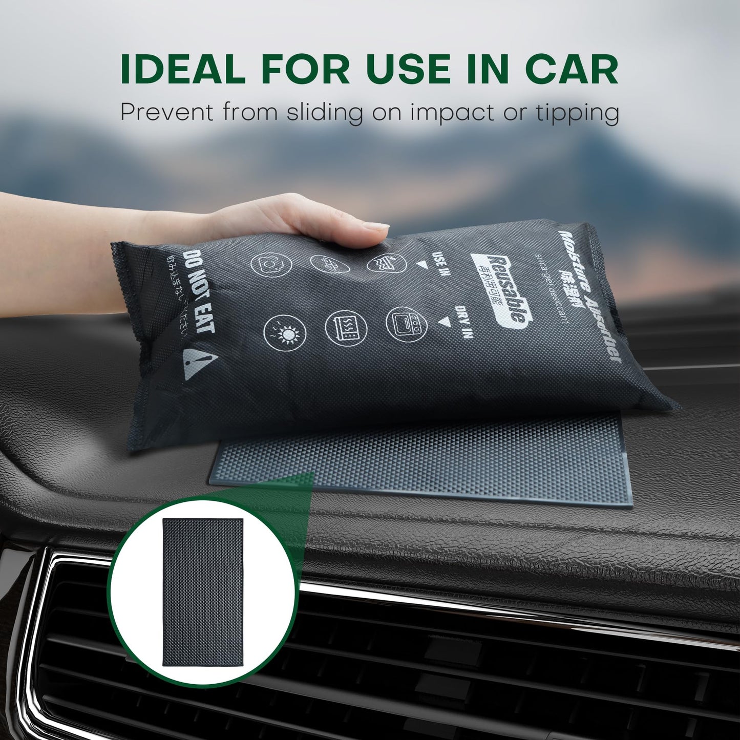 CONOPU Car Dehumidifier Bag Reusable, 1KG Moisture Absorber for Windscreen Covers Frost, Silica Gel Packets Includes Anti Slip Mat, Prevents Condensation and Mold, Ideal for Use in Home, Wardrobe, Car