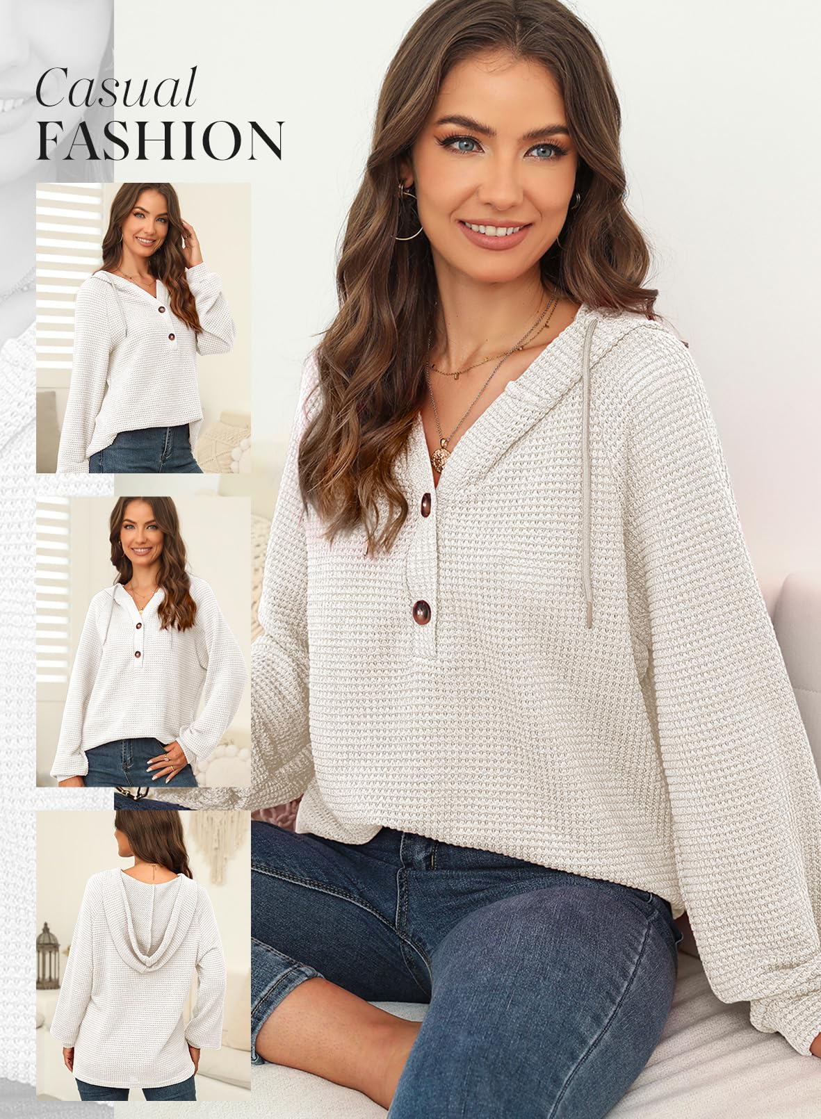 Dokotoo Hoodies for Women Oversized Waffle Knit Teacher Outfits for Women Drawstring Button V Neck Long Sleeve Casual Lightweight Sweatshirt Hooded Early Fall Fashion Clothes 2025 White Medium