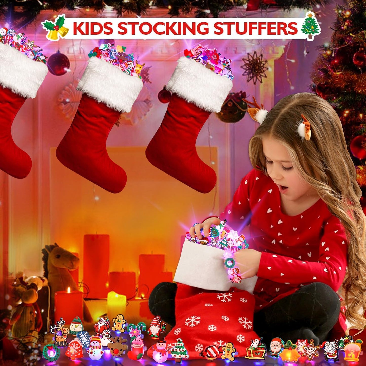 Coluans Christmas Stocking Stuffers for Kid 25Pcs Toys Christmas Party Favors for Kid LED Light Up Rings Flash Glow in The Dark Goodie Bag Stuffers Non Candy Gift Bag Fillers