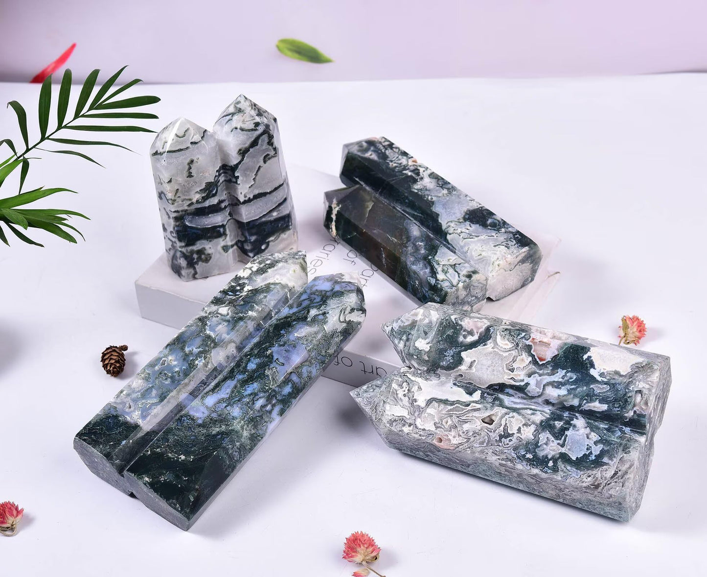 VIZYTOU Large Heaing Crystal Stone Tower Two Pointed Wand Column Moss Agate Obelisk Meditation Stone 1.7-2.2 Pound