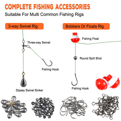 PLUSINNO Fishing Gear Accessories Kit, 253PCS Fishing Tackle Box with Tackle Included, Fishing Hooks, Fishing Weights Sinkers, Spinner Blade, Fishing Equipment for Bass Trout Bluegill Crappie