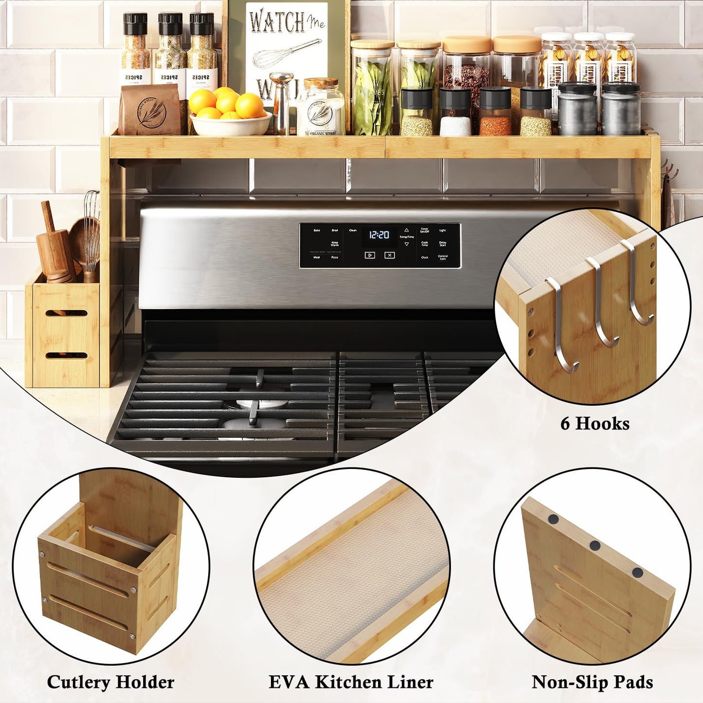 MAICHUAN Bamboo Stove Shelf, Spice Shelf for Kitchen Stove, 31in Over the Stove Shelf, Stove Top Shelf for Back of Stove with EVA Kitchen Liner, Utensil Holder & 6 Hooks, for Over Stove