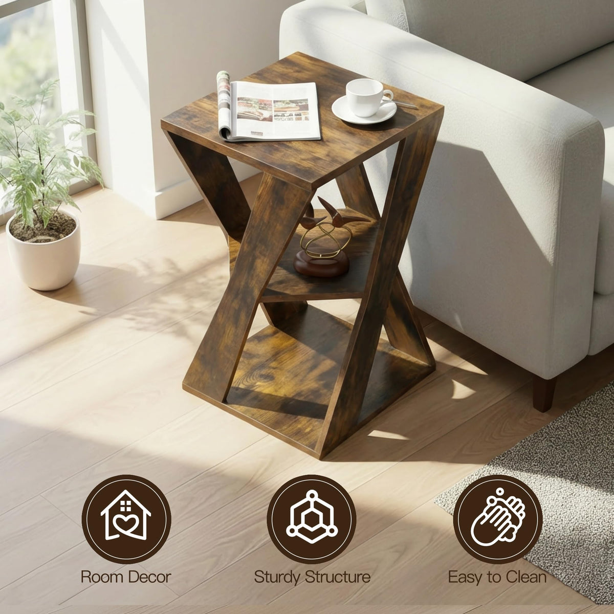 HOMELA End Table Modern Wooden Side Table, Nightstand for Small Spaces, End Table for Living Room, Bedroom Nightstand, Office, Bathroom (Rustic Brown+Classic Black)