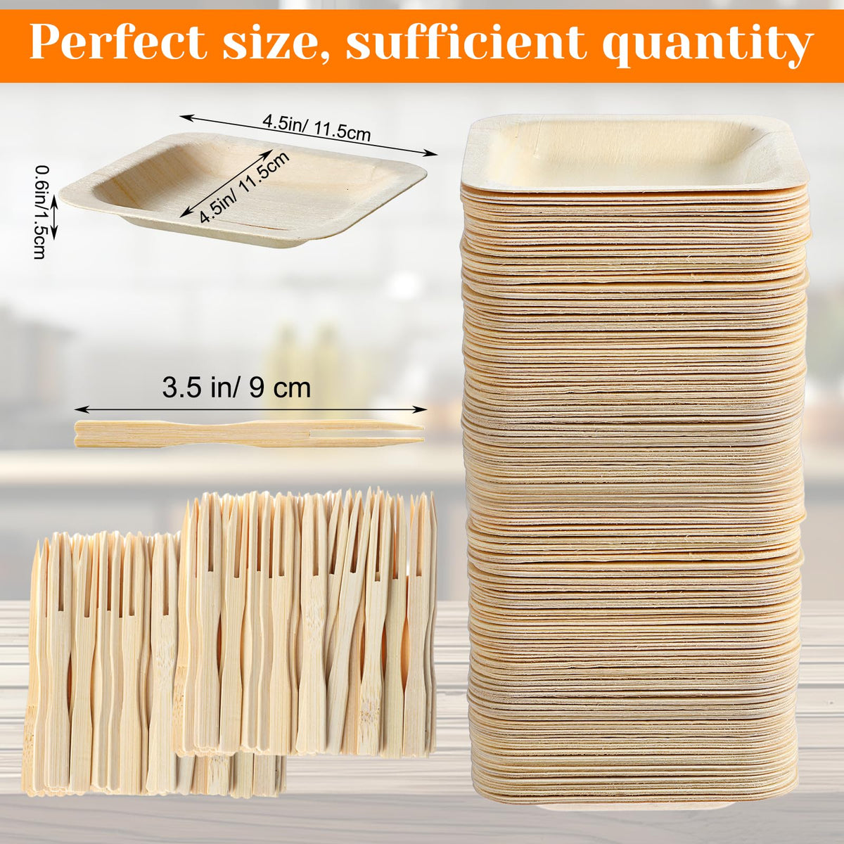 Hpmjz 300Pcs Disposable Square Bowls & Forks Set 4.5 × 4.5 Inch 100Pcs Bamboo Disposable Plates & 200pcs Forks Square Wood Plates for Birthday Party Wedding Events Appetizer Dessert Catering Home Use