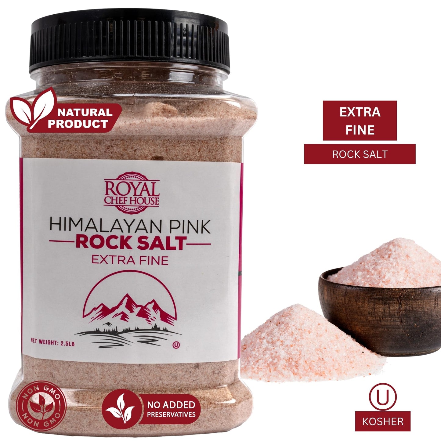 RoyalHouse, Himalayan Extra Fine Pink Salt - 2.5 lbs Extra Fine Bulk in Jar, Pure Gourmet Crystals, Natural - Contains 84 Minerals, Suitable for Body Bath Scrubs, Table Salt - Kosher