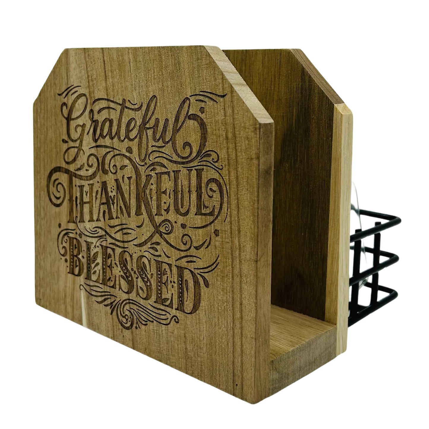 SPREWARE Acacia Wood Napkin Holder with 3 Salt & Pepper Shakers, Rustic Tabletop Napkin and Condiment Caddy, EVA Anti‑Slip Base, Holds 80 Standard Napkins – Grateful Thankful Blessed Design