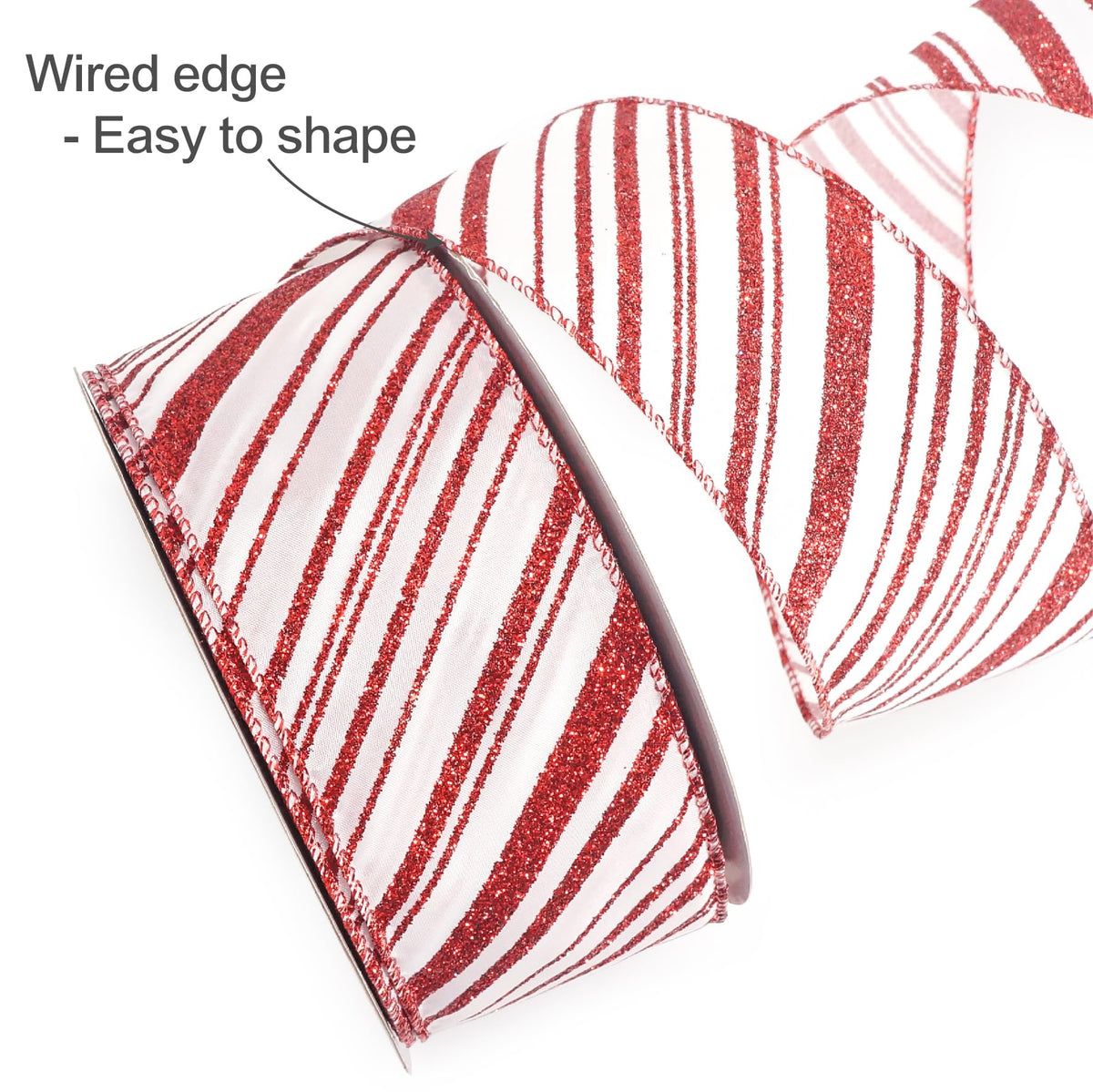 ALTIER 2.5 Inch x 40 Yards White Satin Red Glitter Stripes Wired Ribbon for Christmas Home Decoration Gift Wrapping Bow Making Wreath DIY Crafts