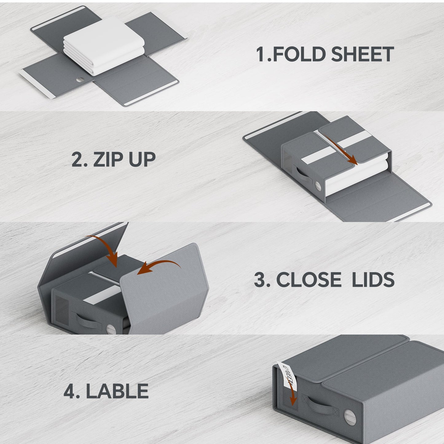 TRZZ 4-Pack Bed Sheet Organizers and Storage, Foldable Linen Bins with Window and Labels, Bedding Holder for Queen/King Duvet Covers, Keeps Bedding Neatly Organized and Accessible (Grey)