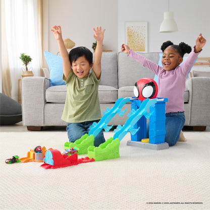 Marvel Spidey and His Amazing Friends Spidey’s Mega Jump HQ Track - 39-Inch Dual Race Track with Elevator, Control Center, Web Tunnels and Two Exclusive Amazing Metals Vehicles