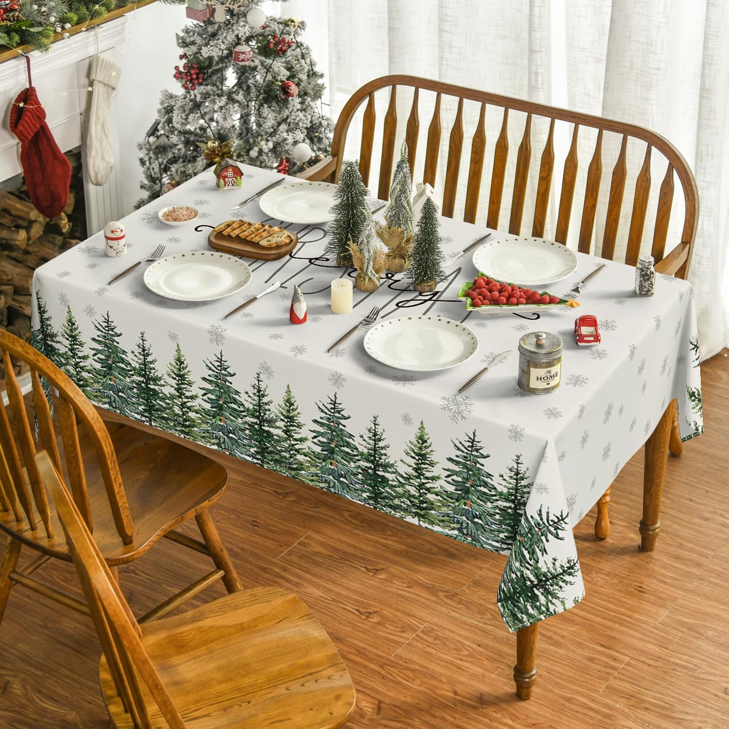 Horaldaily Christmas Tablecloth 60×84 Inch Rectangular, Winter Snow Trees White Washable Table Cover for Party Picnic Dinner Decor