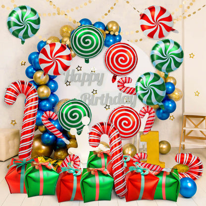 32Pcs Christmas Balloons, Christmas Candy Cane Foil Balloons with Ribbons, Red Green Mylar Balloon for Party Decorations
