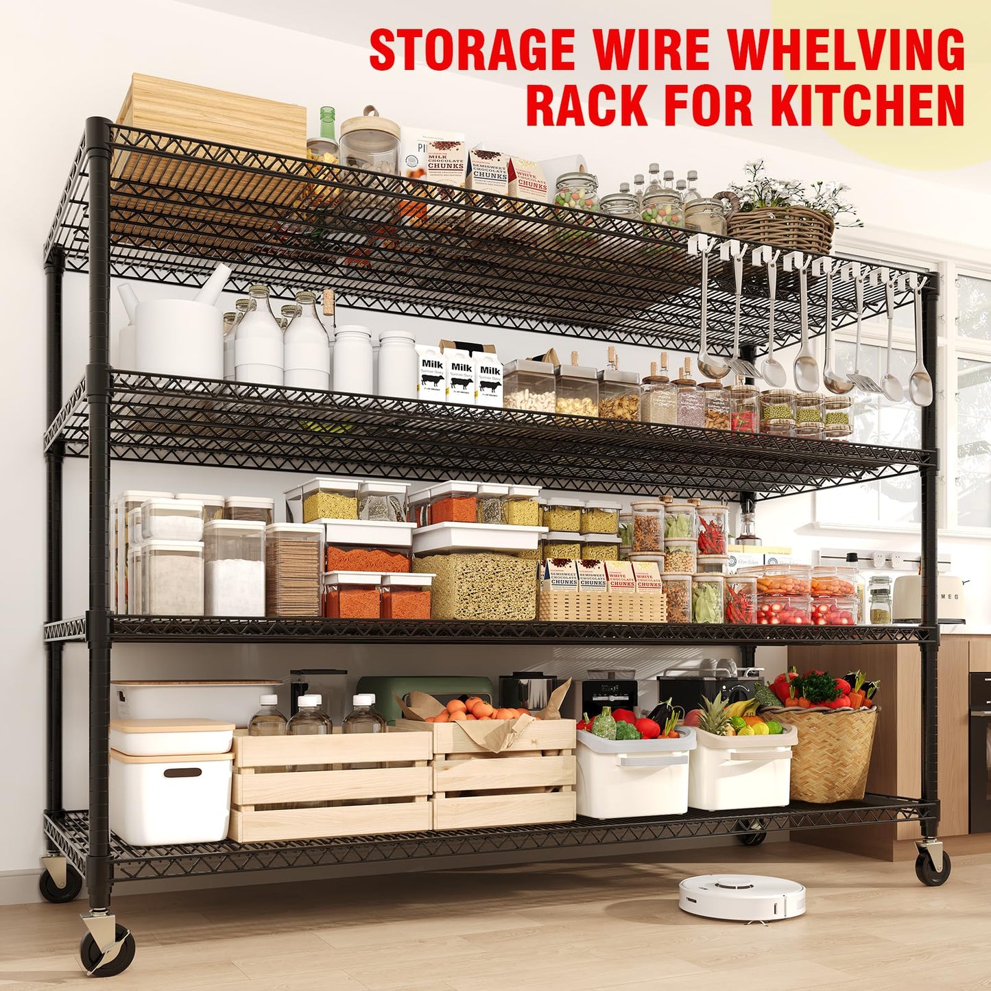 PeacefulHues 73.8" H Storage Shelves 4-Tiers Heavy Duty Shelving Unit with Wheels, 2640LBS Garage Shelving for Pantry Garage Kitchen Home Commercial, 73.8" H x 59" W x 23.9" D