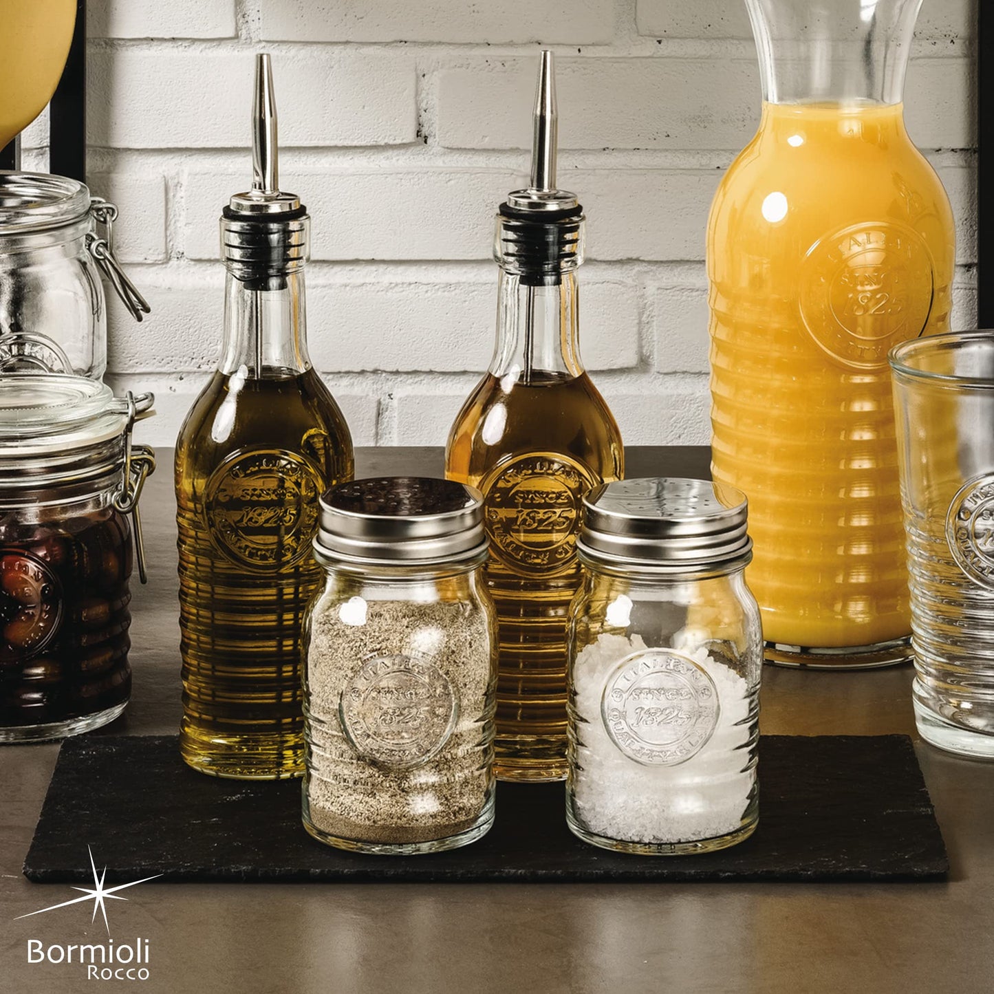BORMIOLI ROCCO Officina 1825 Olive Oil/Vinegar Glass Bottles Stainless Steel Pouring Spout 268 ml (Pack of 2)