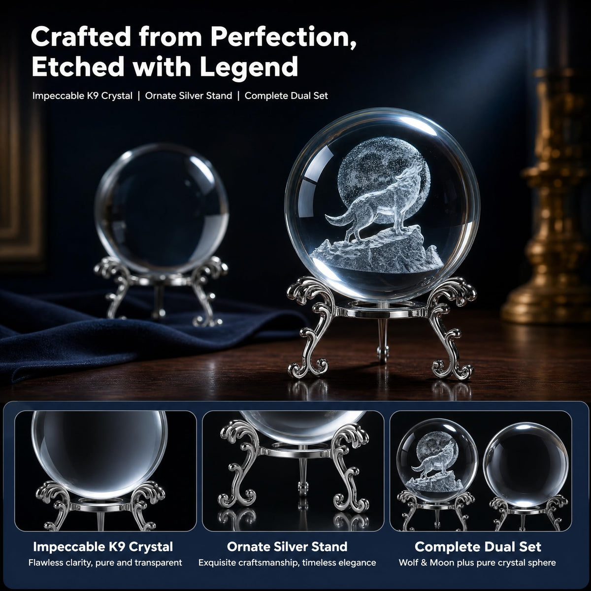 vskikris 2 Crystal Balls with Silver Stands - 3D Laser Engraved Wolf & Moon & Clear Crystal Sphere Set, Decorative Paperweights, Home & Party Decor, Photography Props, for Men & Nature Lovers