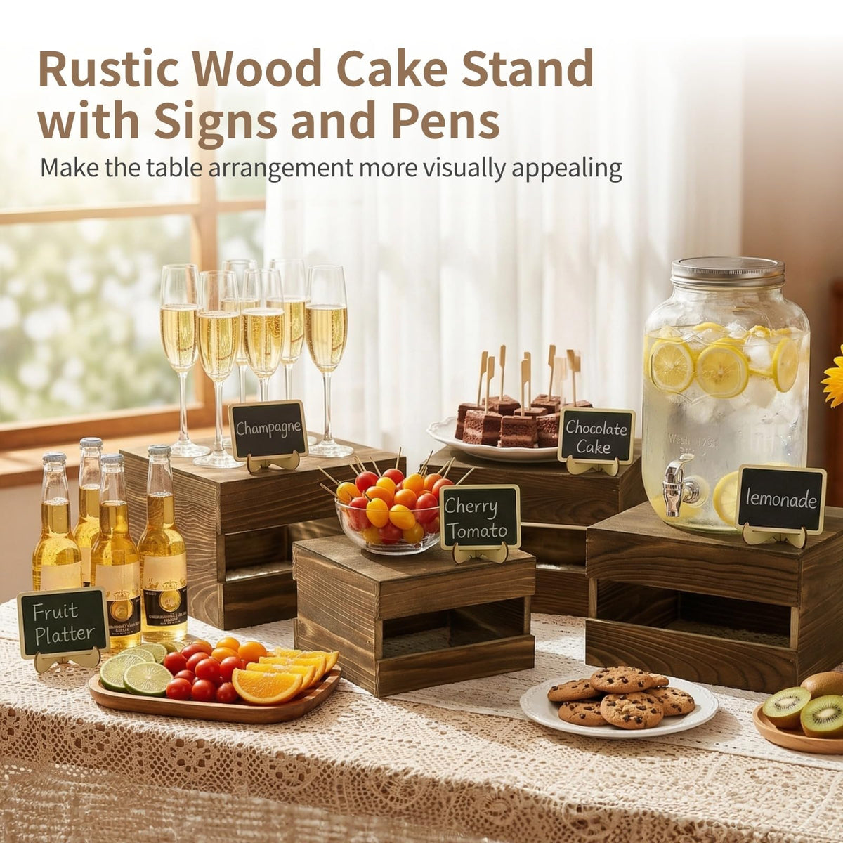 ZALIR 8 Pcs Rustic Wooden Risers for Table Display with 8 Mini Signs and 2 Pens - Tiered Dessert Display Stands, Rustic Cake Stand Buffet Risers for Party, Wedding, Birthday, Shower, 4 Sizes