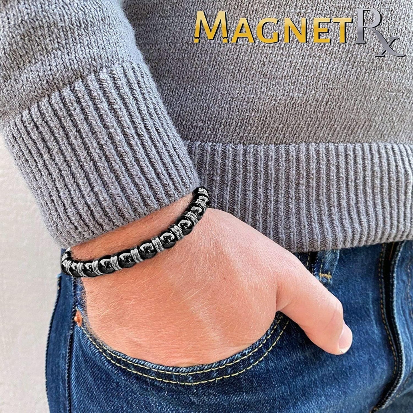 MagnetRX® Magnetic Hematite Bracelet – MAX Strength Magnetic Stones – Beaded Magnetic Bracelets for Men and Women (Silver Titan 8mm Bead)