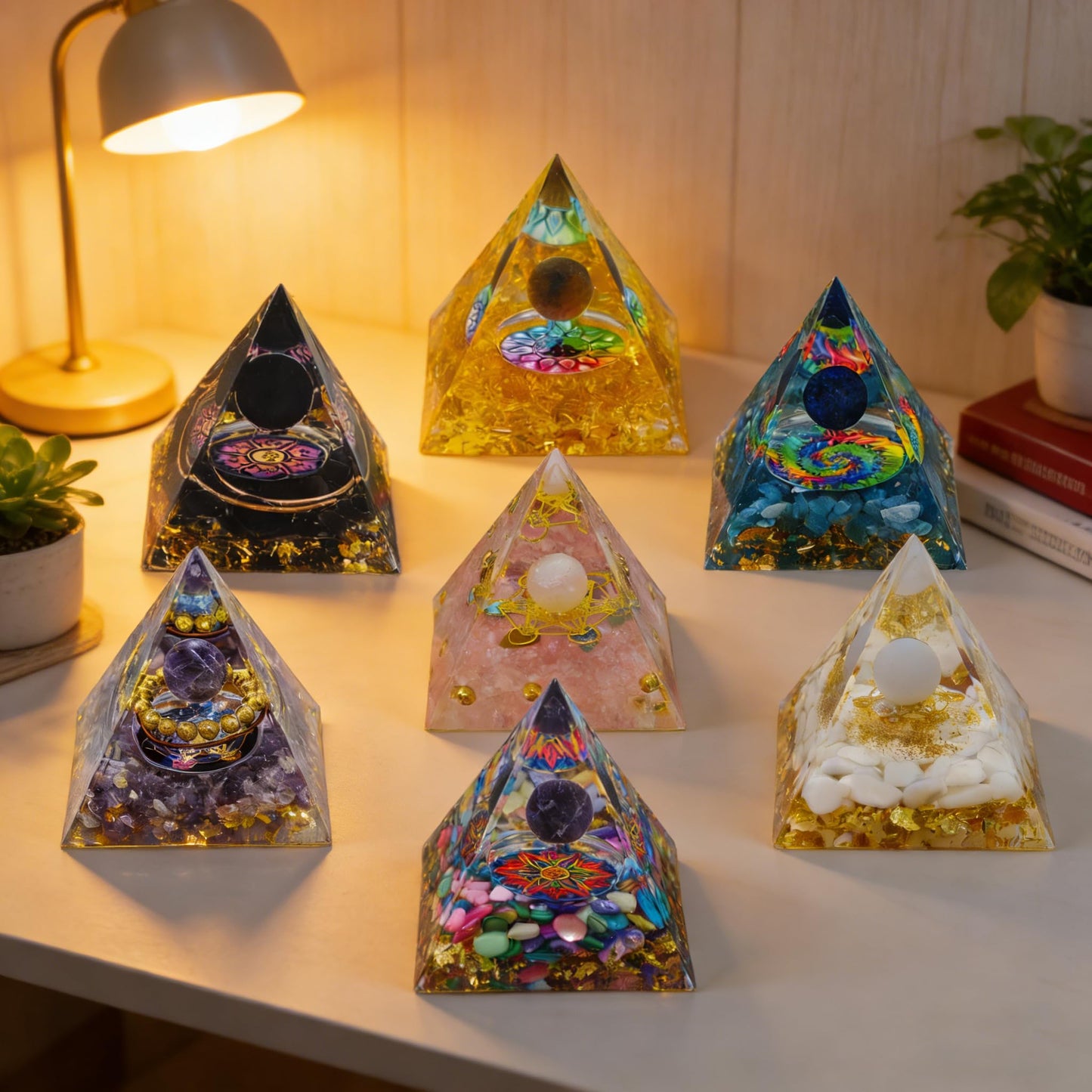 AierCrystal (2inch-7pcs Natural Healing Crystal Pyramid Set —Feng Shui Home Decoration, Chakra Balancing Purification, Energy Healing Meditation Tool, Home Ornament(5cm Pyramid 7pcs Set)