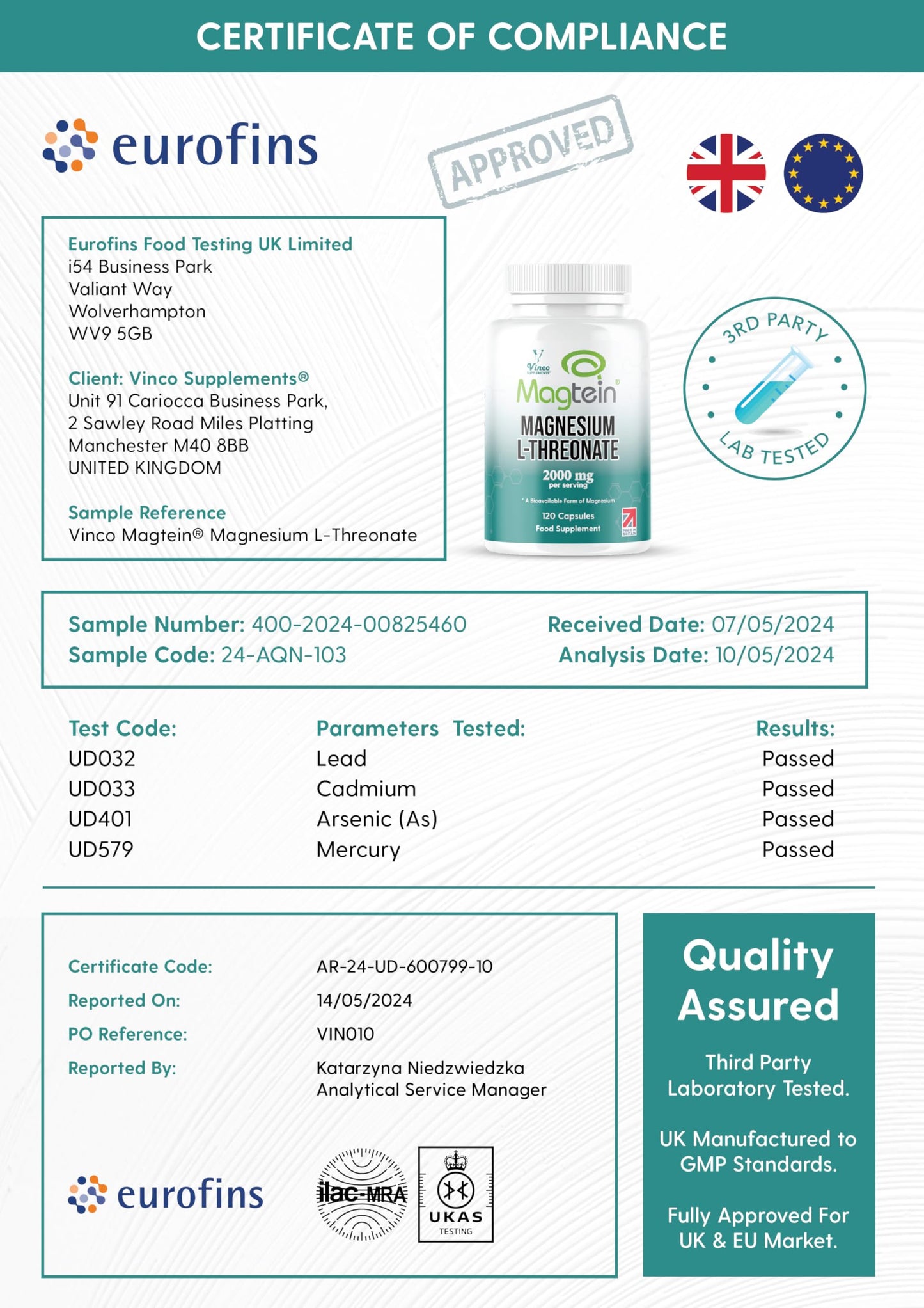 Vinco Magtein® Magnesium L-Threonate Supplement - 120 High Strength Magnesium L Threonate Capsules - 2000mg Bioavailable Form of Magnesium per Serving - Non-GMO & Gluten Free – Made in The UK