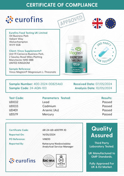 Vinco Magtein® Magnesium L-Threonate Supplement - 120 High Strength Magnesium L Threonate Capsules - 2000mg Bioavailable Form of Magnesium per Serving - Non-GMO & Gluten Free – Made in The UK