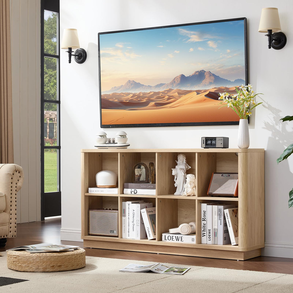 Joaxswe 8 Cube Storage Book Shelf, 52" Long Horizontal Bookshelf with Curved Edge, Floor Standing Wooden Cubby Bookcase with Base, Modern Low Console Book Case, TV Stand for Living Room, Natural Oak