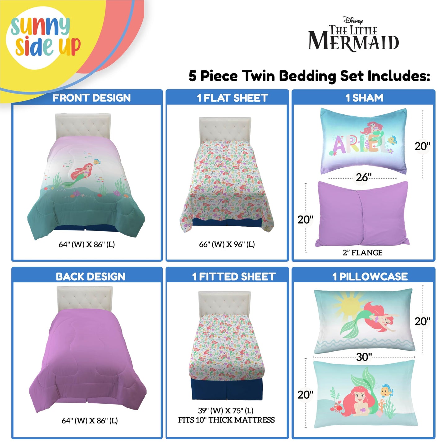 Disney The Little Mermaid Twin Comforter Set - 5 Piece Kids Bedding Includes Comforter, Sheets & Pillow Cover - Super Soft Ariel Microfiber Bed Set