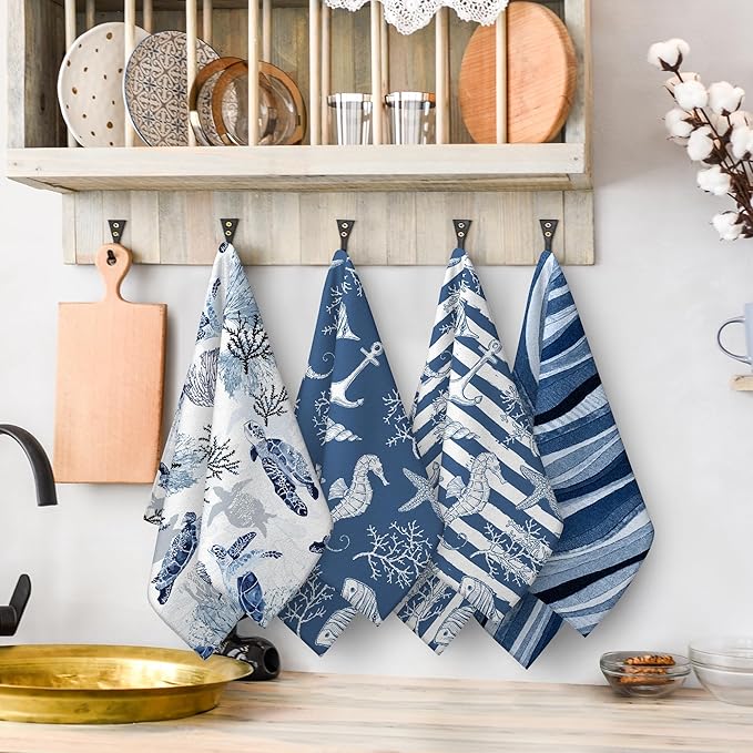 Blue Nautical Seahorse Corals Sea Turtle Kitchen Dish Towels Decorative Set of 4