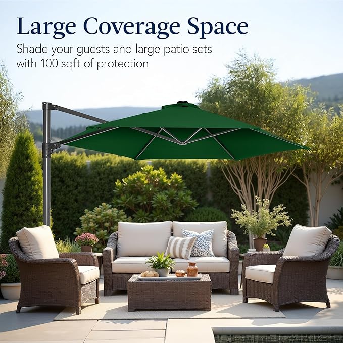 Best Choice Products 10ft Offset Cantilever Hanging Market Patio Umbrella, Smooth 360° Rotation, 8 Sturdy Ribs, Easy Adjustment - Green