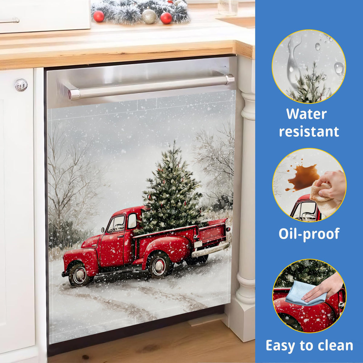 Washable Red Truck Dishwasher Magnetic Cover for Kitchen Decor,Christmas Tree Refrigerator Magnet Front Panel for Appliances,23 x 26 Inch