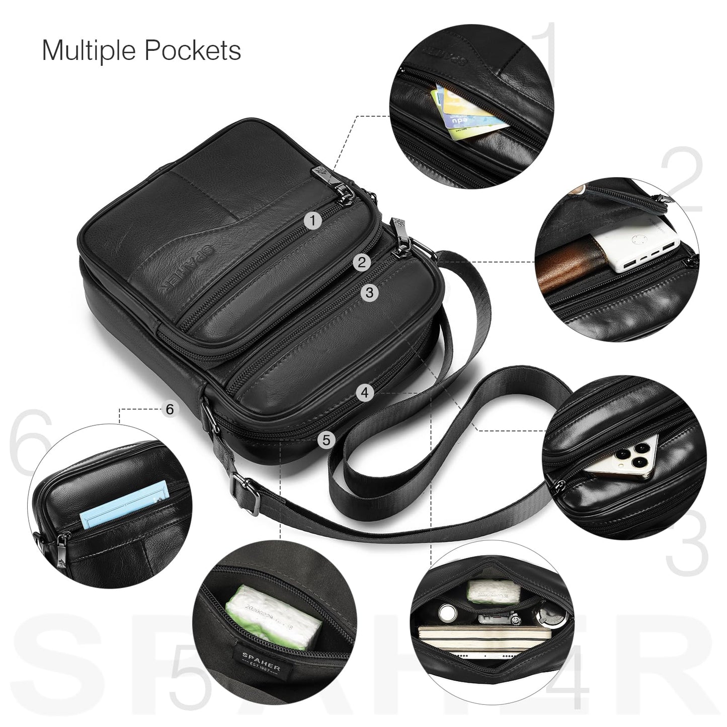 SPAHER Men Small Genuine Leather Handbag Shoulder Bag Satchel Business Messenger Backpack Crossbody Casual Sling Travelling Bag Mens Gift For Wallet Purse Mobile Phone Keys Black