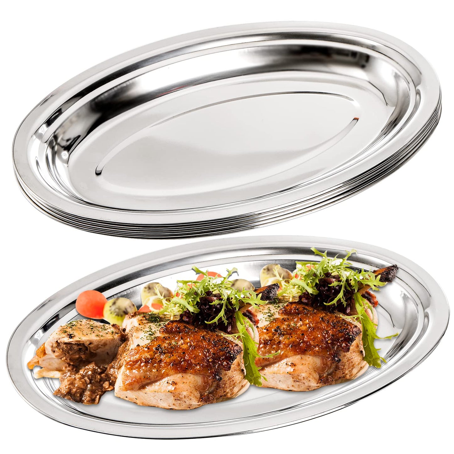 Suwimut 6 Pack Stainless Steel Oval Platter, Heavy Duty Mirror Polish Large Sizzling Platter Serving Tray Fish Plate for Steaming Fish Dessert Meat Sushi, 14-Inch by 8.7-Inch, Silver