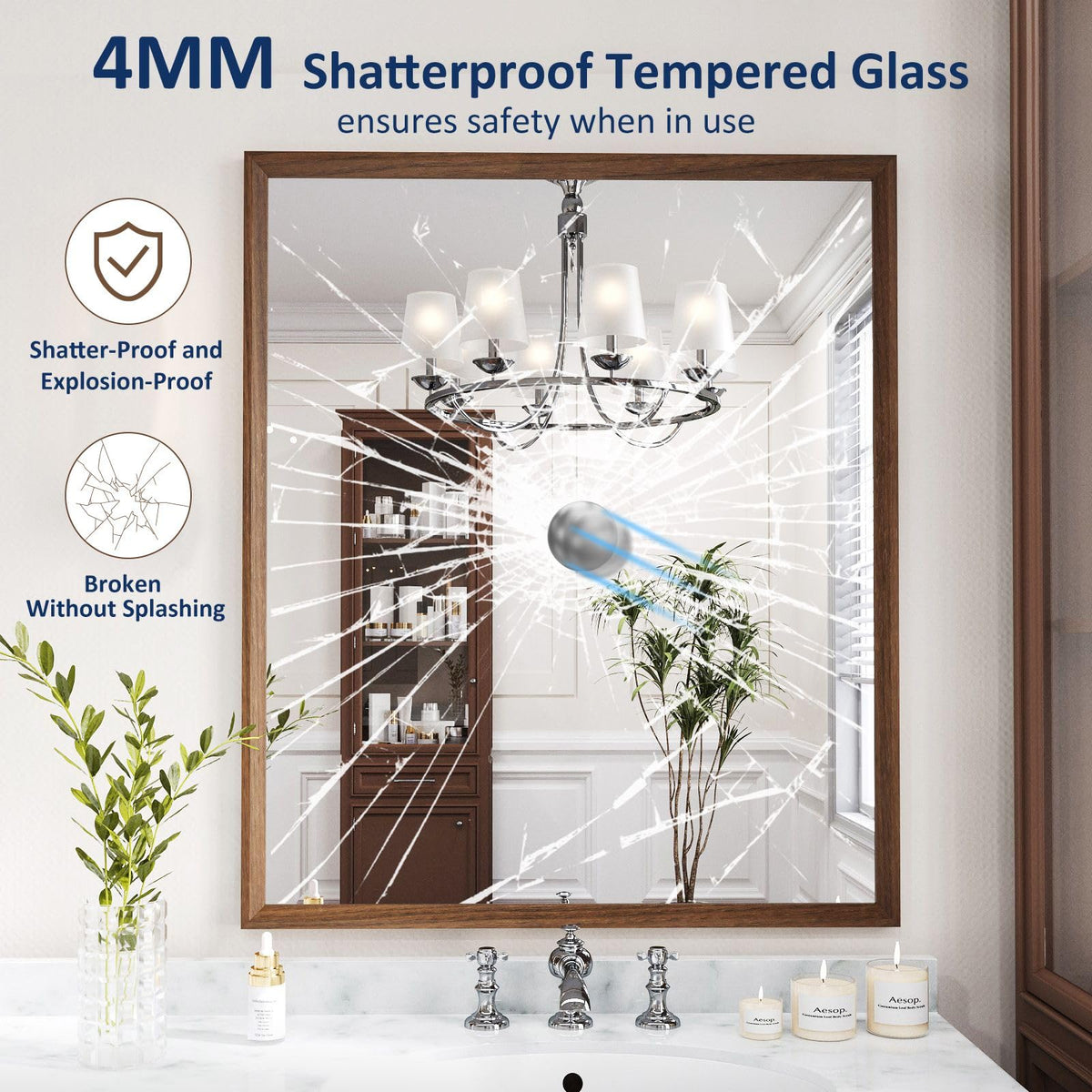 WEER Walnut Framed Mirror for Bathroom, 36x30 Inch Wall Mounted Mirror, Wood Grain Framed Vanity Mirror, Farmhouse Bathroom Mirror, Tempered Glass, Vertically or Horizontally, Anti-Rust