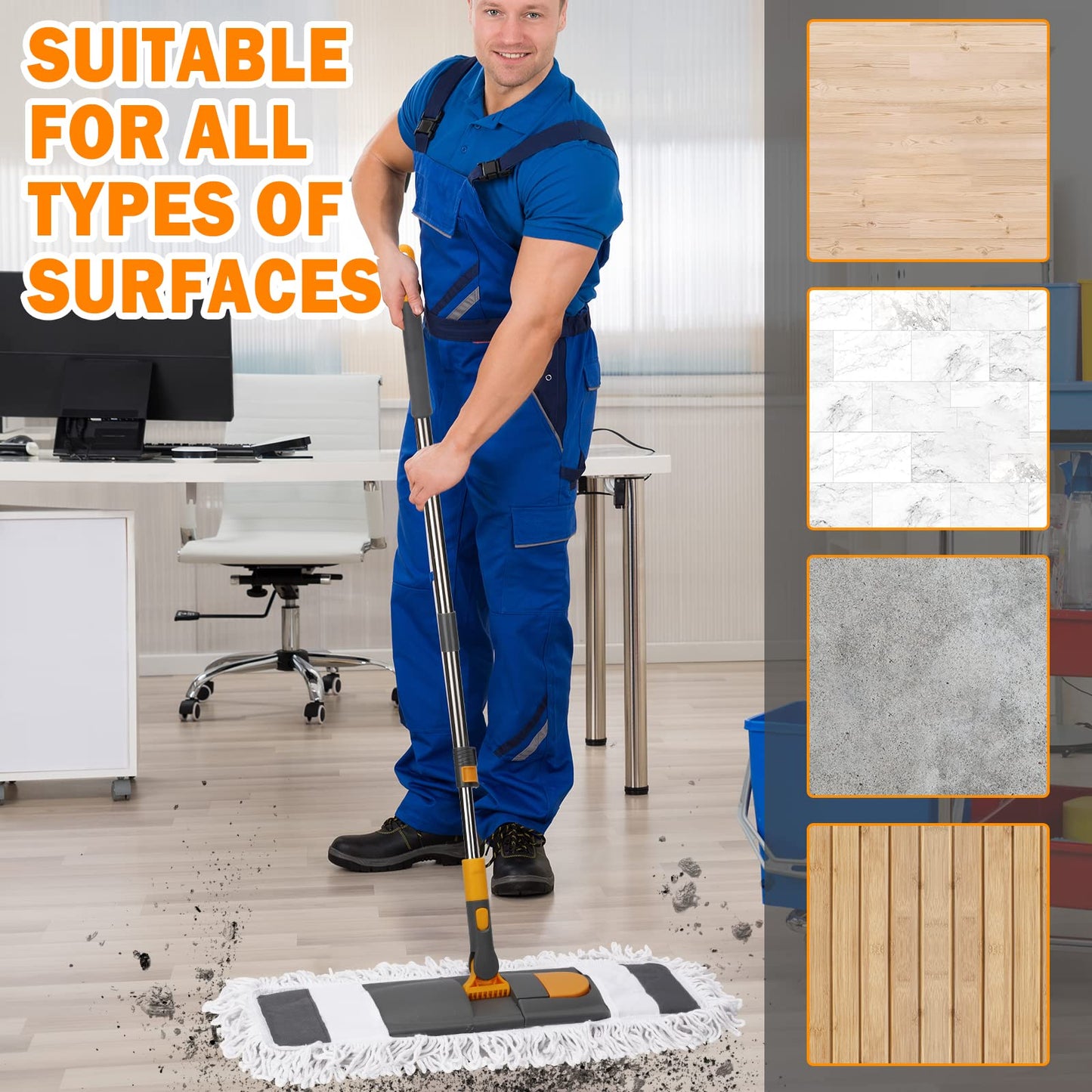 MASTERTOP Flat Mop, 60cm Wide Industrial Mops with Stainless Steel Long Handle, Commercial Pure Cotton Mop with 2 Reusable Pads, Wet and Dry Floor Mops for Hard Laminate Floors Cleaning