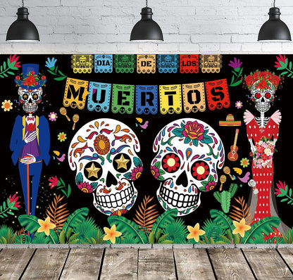 Famoby Day of The Dead Backdrop Dia DE Los Muertos Extra Large Fabric Banner for Halloween Party Mexican Fiesta Skull Photography Party Decoration