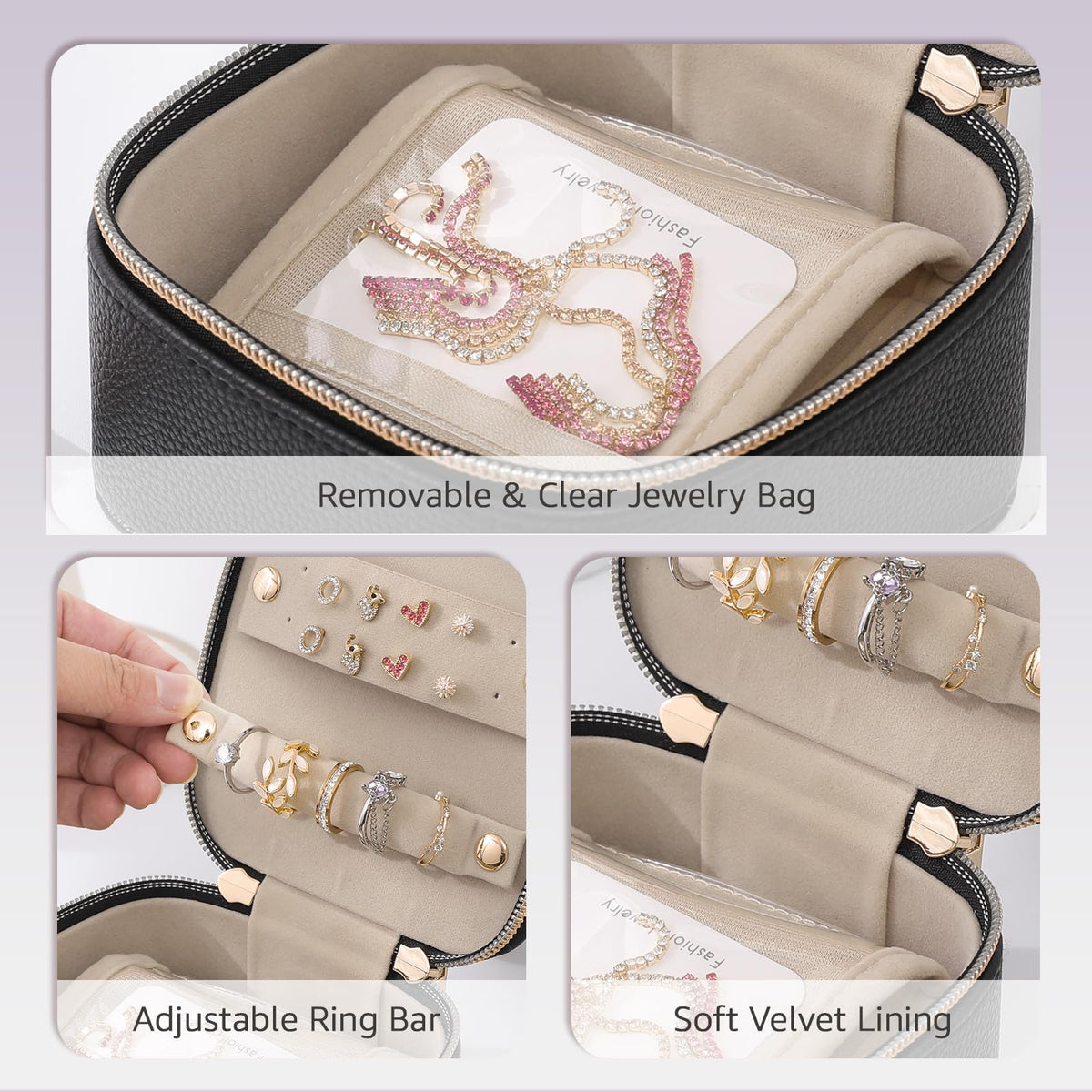 Gifturbo Travel Small Jewelry Case, Jewelry box,PU Leather 4 Zipper Bags for Women Girl,Valentine's Day Gift, Marriage, Brithday Gift,Earrings Necklace Rings Storage Gift Box Black