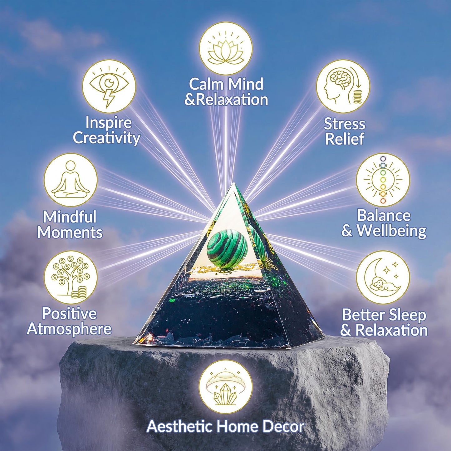 Orgone Crystal Pyramid for Positive Energy, Malachite Sphere Sacred Geometry Healing Crystal Pyramid, Obsidian Crystal Chips Energy Generator, Meditation Energy Healing Decor & 2 pcs Rose Quartz Heart