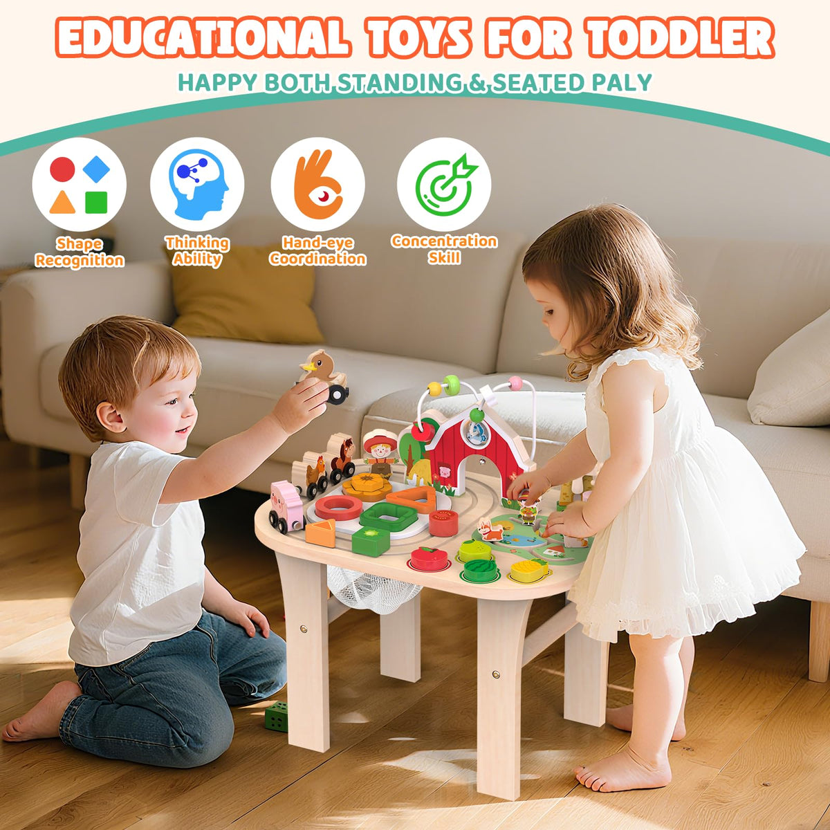 Weilim Montessori Activity Table for 1 Year Old, Wooden Farm Toddler Toy
