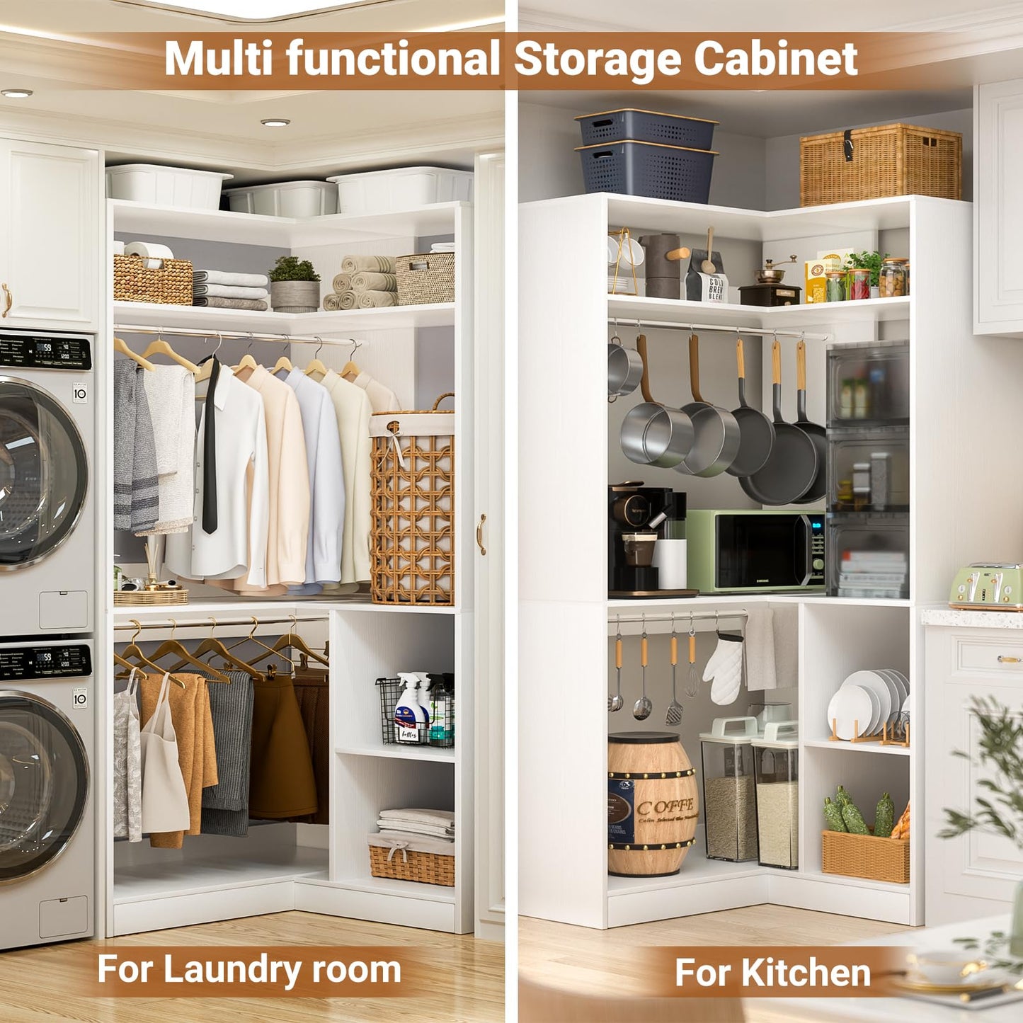 Aheaplus Corner Closet System With Shelves, 34'' Organizer With Hanging Rods, Wood Walk-in for Small Space, Freestanding Tower, L Shaped Garment Rack, White
