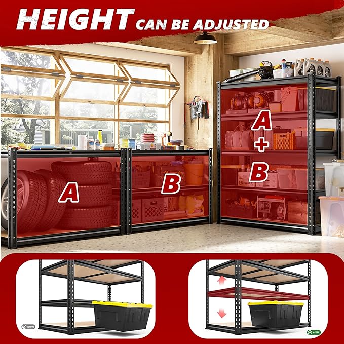 REIBII 2400LBS Storage Shelves 5 Tier Garage Shelving Heavy Duty Adjustable Garage Shelves, Utility Rack Shelf, Shelving Units for Storage Warehouse Pantry Closet, 35.5" W x 11.9" D x 72" H, Black