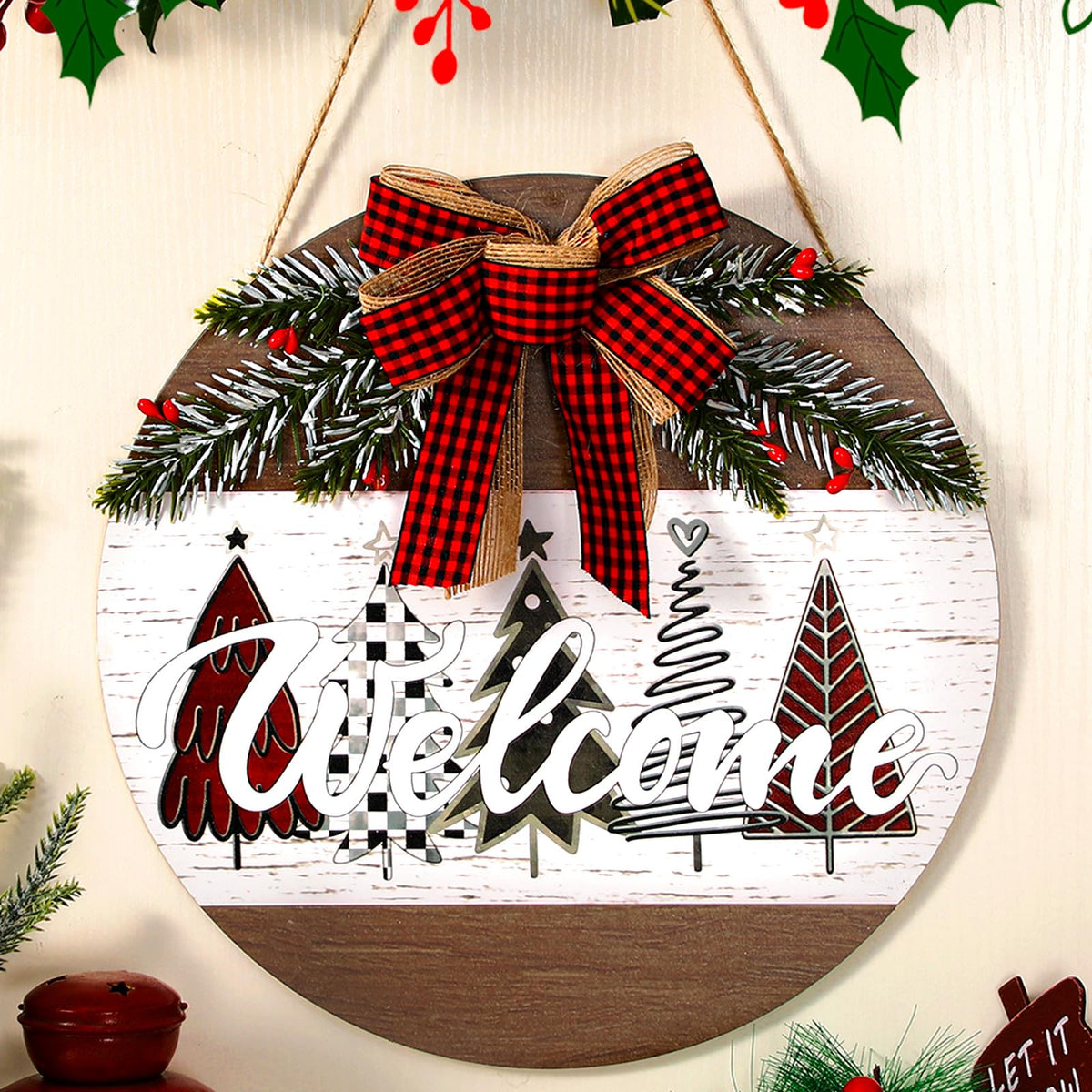 Boao Christmas Door Wreath Merry Christmas Welcome Hanging Wall Sign for Front Door 11.8'' Round Xmas Tree Winter Wreath Wooden Porch Sign with Bow Porch Farmhouse Home Wall Decor(Novel)