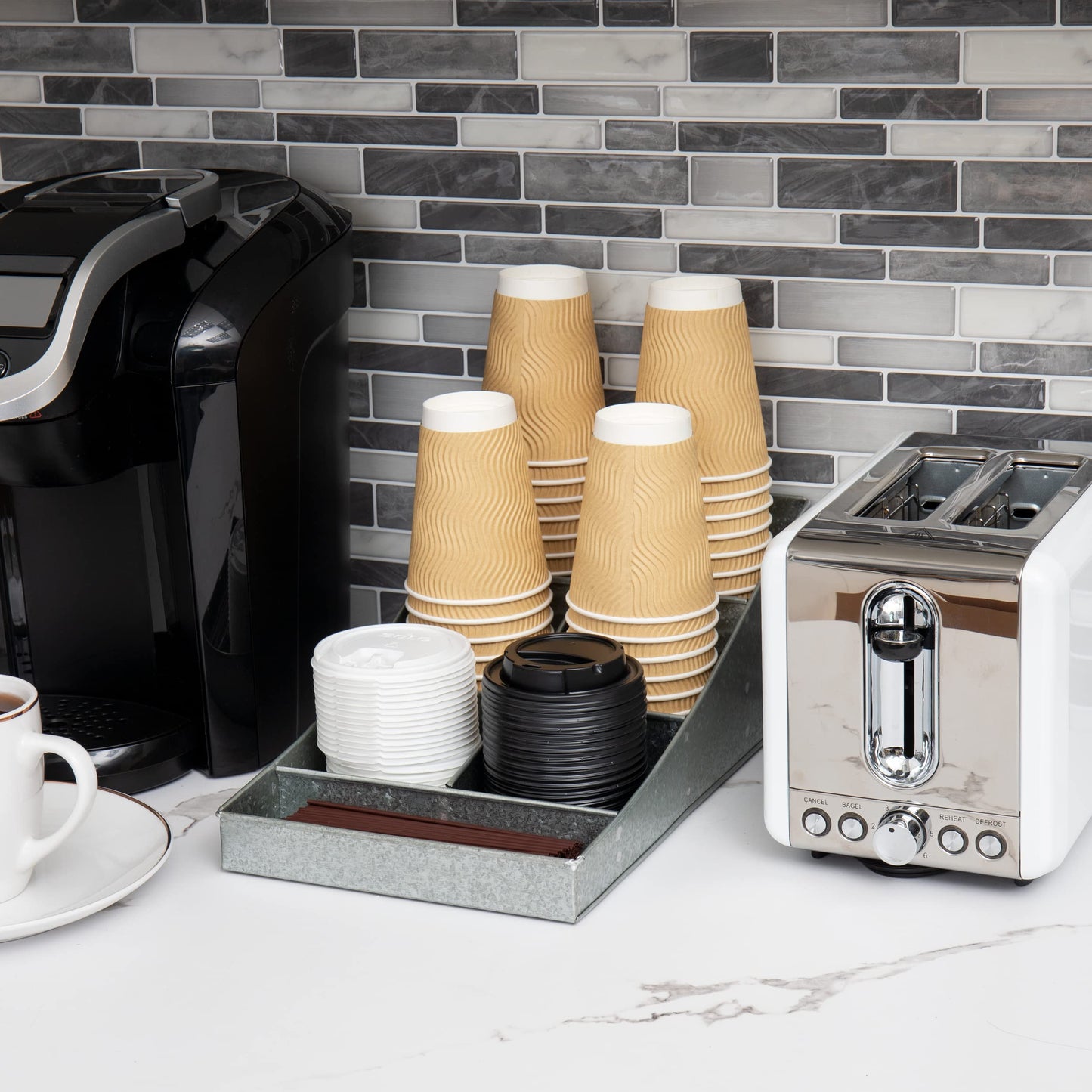 Mind Reader Cup and Condiment Station, Countertop Organizer, Coffee Bar, Galvanized Metal, 8.5"L x 14.5"W x 5.25"H, Silver