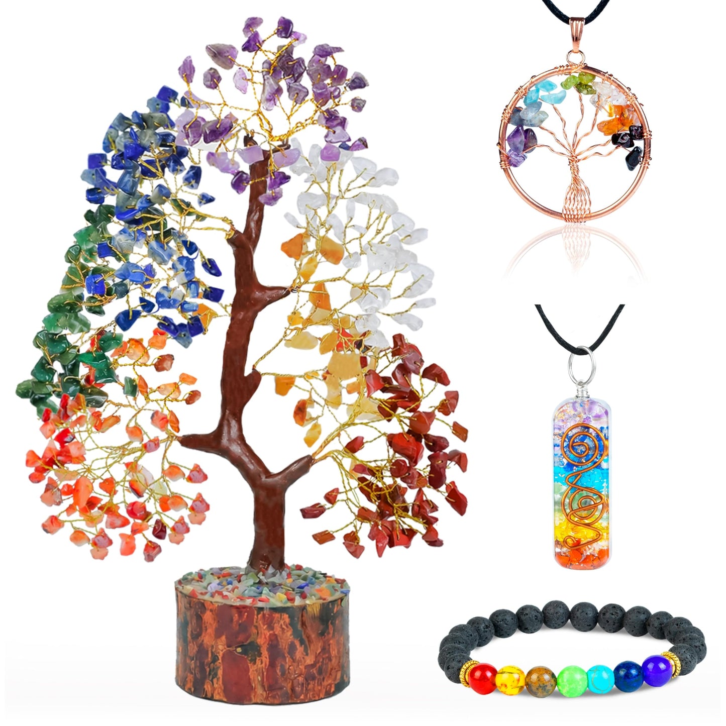 Crocon® Seven Chakra Crystal Tree of Life with Bracelet & 2 Pendants, Feng Shui Bonsai Decor Healing Crystals Spiritual Gifts for Cute Home Room & Desk Decor, Gifts for Women, Mom, Friend Her & Sister