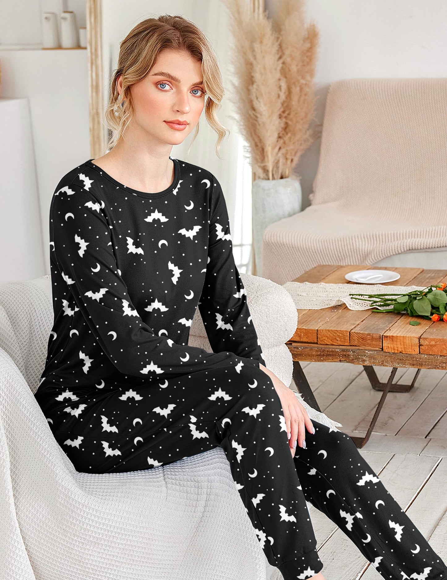Ekouaer Womens Jogger Pajama Sets Long Sleeve Sleepwear Round Neck Nightwear Soft Pjs Lounge Sets with Pockets