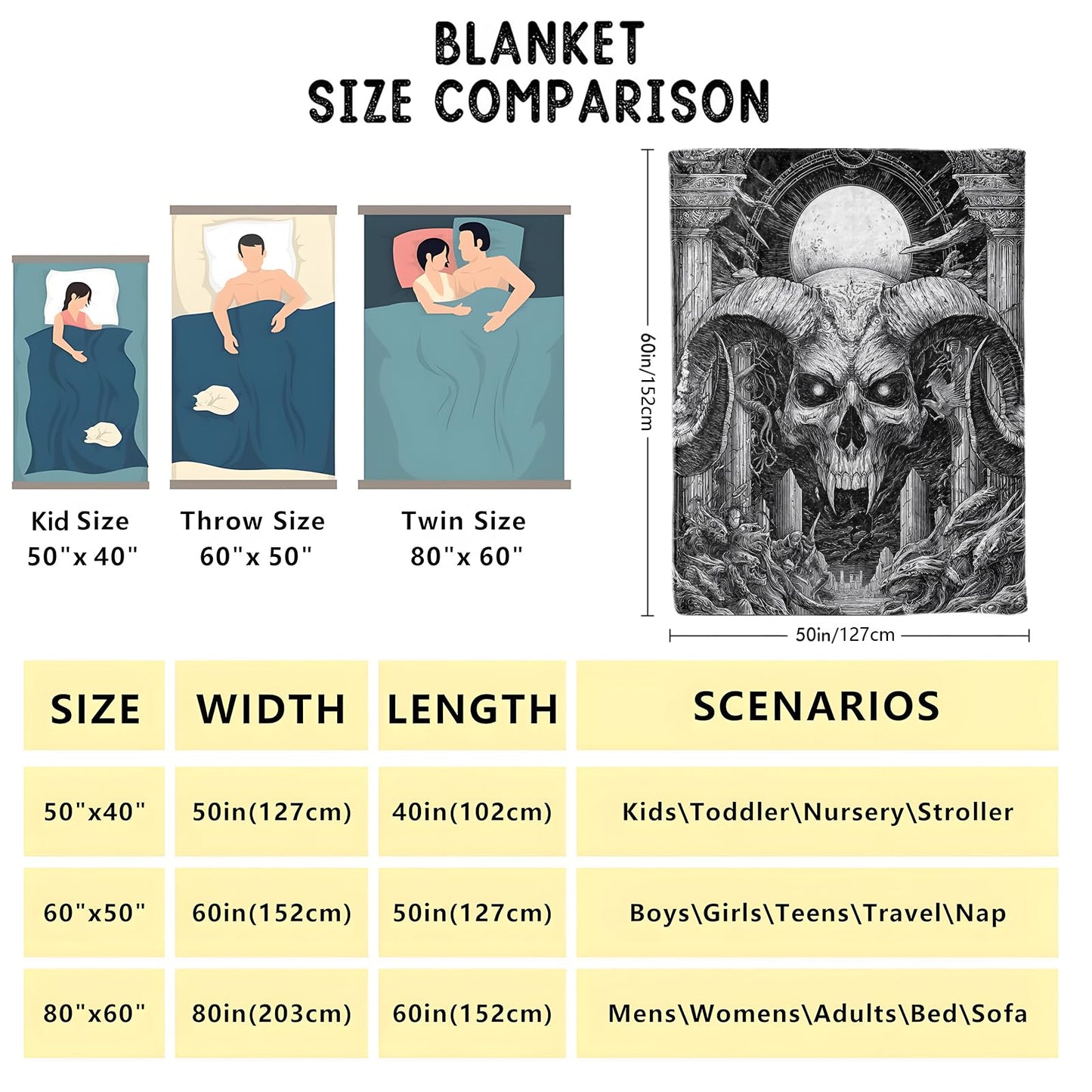 SOMEKLLY Goth Skull Throw Blanket Soft Cozy Lightweight Flannel Blankets with Gothic Fantasy Skeleton Printed for Horror Lovers Bedroom Dorm Office Halloween Decor Gifts 50x60 Inch