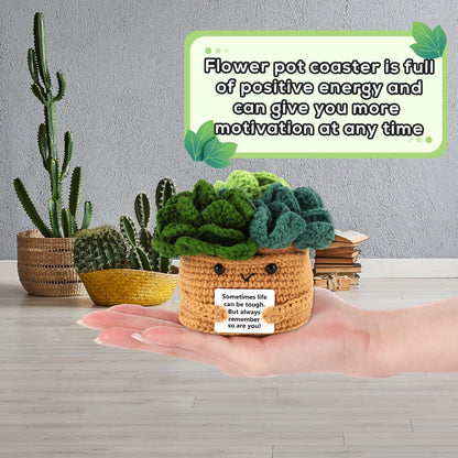 lasuroa Positive Flower Pot, Coasters Crochet Flower Mini Crochet Potted Flower Crochet Plant Pot Positive Emotional Plush Crochet with 6 Crochet Coasters for Party Decoration Encouraging Gift