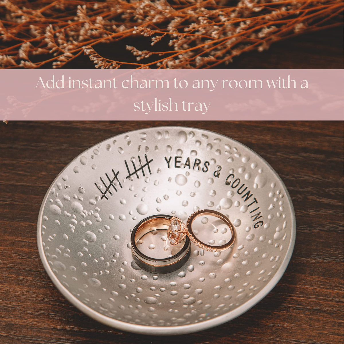 PureRejuva 10th Anniversary Tin Gifts – 4 In., Engraved, Aluminum Wedding Ring Holder Dish & Gift Box – 10 Year Wedding Gift for Him & 10 Year Anniversary for Her Textured Style