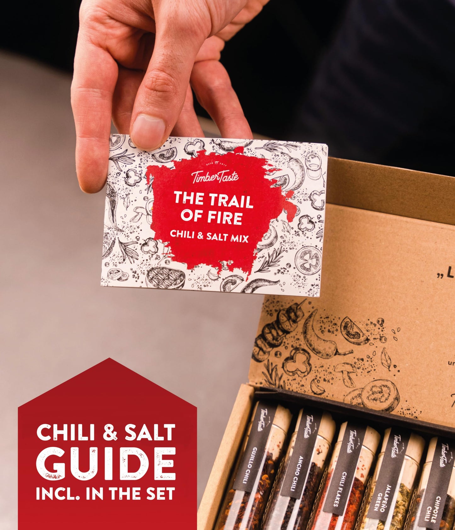 TIMBER TASTE® Salt & Chili Gift Set for Men - 5 Gourmet Sea Salts & 5 Hot Chili Varieties [UP TO 1,200,000 SCOVILLE] | Gift Baskets Men Foodie | Husband Brother Dad Birthday Gift | Day Father