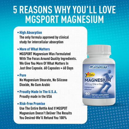 Magnesium Supplement Complex MGSPORT - High Absorption with Vitamins B6, D, E - Relieves Leg Cramps, Muscle Support & tensed Muscles 100 Servings