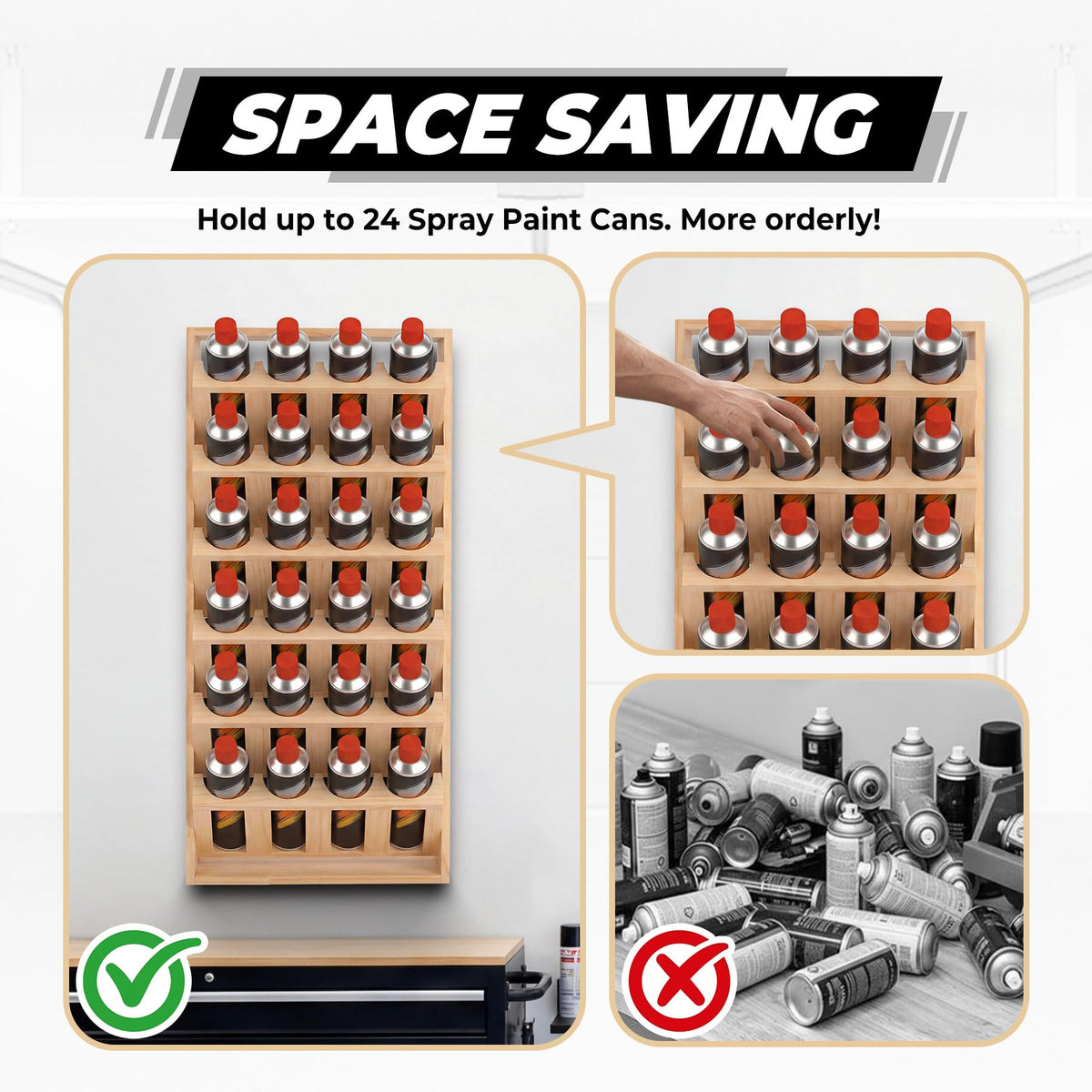 Sidasu 24 Can Spray Paint Can Holder, Wooden Spray Paint Storage Rack, Wall Mount Spray Can Organizer,6 Tier Paint Can Organizer for Garage/Workshop/Home
